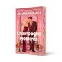 Text: "Cover to be revealed", "Hannah Grace", "Champagne Problems", "Atria Books". Roter Hintergrund, schlichtes Design, Logo., Buch