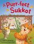 Titel: "A Purr-fect Sukkot". Zwei fröhliche Katzen mit Erntedankgaben vor einer festlich dekorierten Laubhütte., Buch