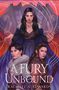 "A FURY UNBOUND" von Rachael A. Edwards; drei Personen, eine Frau in der Mitte mit dunklen Haaren und magischen Effekten., Buch