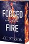 Text: "Forged in the Fire" von A.L. Jackson. Eine Blume steht in Flammen, umgeben von Funken auf dunklem Hintergrund.