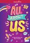 Texte "ALL ABOUT US", "A Special Book for Best Friends". Illustrierte bunte Symbole: Herz, Regenbogen, Schmetterling., Buch