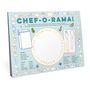 Text: "CHEF-O-RAMA! Starters, Salads, Soups, Main Courses, Deserts." Verspielte Illustrationen von Lebensmitteln und Utensilien., Buch