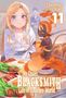 Titel: "My Quiet Blacksmith Life in Another World 11". Zwei Figuren, eine Frau mit langen blonden Haaren und eine orange-schwarze Figur., Buch
