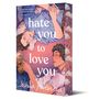 Text: "hate you to love you" und "Joshua Hortinela".  
Illustration: Zwei Personen liegen nebeneinander, entspannt mit einem Buch., Buch