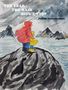 Text: "THE YEAR THE RAIN DIDN'T STOP" und "Judith Vanistendael". Illustration eines großen und kleinen Menschen auf einem Felsen im Regen., Buch