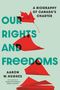 "OUR RIGHTS AND FREEDOMS", Text in Türkis und Schwarz vor roten Papierblättern und einem Ahornblatt., Buch