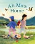 "Ah Ma's Home". Zwei Kinder laufen Hand in Hand auf Steinen über einen Fluss. Vögel fliegen am Himmel., Buch