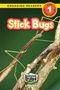 Titel: "Stick Bugs". Text: "Engaging Readers". Ein braunes Insekt ähnelt einem Zweig auf grünem Hintergrund., Buch