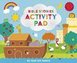 „BIBLE STORIES ACTIVITY PAD“: Illustration mit Arche Noah, Tieren, Regenbogen, Sonne, Wolken und einer Stadt im Hintergrund.