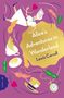 Text: "Alice's Adventures in Wonderland, Lewis Carroll." Lila Hintergrund mit fallender Alice, Blättern, Hut, Tasse, Uhr., Buch
