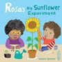 Text: "Rosa's Big Sunflower Experiment"
Illustration: Zwei Kinder pflanzen eine Sonnenblume und messen sie., Buch