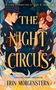 "The Night Circus" von Erin Morgenstern. Illustration mit Mann in Anzug, Frau im Kleid, umgeben von Vögeln und fliegenden Papieren., Buch