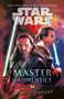 Text: "The New York Times Bestseller", "Star Wars", "Master & Apprentice", "Claudia Gray". Zwei Personen mit Lichtschwertern.