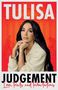 Texte: "TULISA", "JUDGEMENT", "Love, trials and tribulations". Frau in beigem Outfit vor rotem Hintergrund mit Säulen.