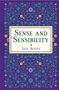 „Sense and Sensibility“ von Jane Austen. Farbenfrohes, florales Muster auf lila Hintergrund.