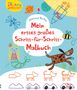 Logo "Usborne Verlag". Titel: "Mein erstes großes Schritt-für-Schritt-Malbuch". Illustrationen: Meerjungfrau, Hund, Rakete., Buch