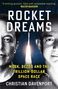 Oben steht: "A thrilling account, filled with remarkable reporting". Darunter sind zwei Männergesichter links und rechts einer Rakete.