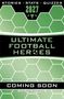 Texte: "2027", "ULTIMATE FOOTBALL HEROES", "COMING SOON". Hintergrund: grüne Sechsecke, Fußballmotiv., Buch