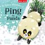 "The Snowy Adventures of Ping the Panda." Ein niedlicher Panda rutscht fröhlich auf einem schneebedeckten Hang.