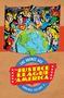 "The Justice League of America", Helden um eine große Erde versammelt, darunter bekannte Charaktere, im Comic-Stil., Buch