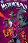 „Metamorpho Year One“ oben, bekannte Superhelden in actionreichen Posen auf lilafarbenem Hintergrund., Buch