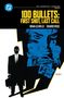 "100 BULLETS: FIRST SHOT, LAST CALL" in gelber Schrift. Illustration: Silhouette mit leuchtenden Augen, Gesichtsskizzen, Auto., Buch