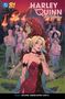 "Harley Quinn in Paradise", Logo oben links, Comic-Stil, Harley in rot-schwarzem Kleid mit Rose, Personen im Hintergrund., Buch