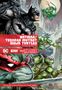 Batman und Ninja Turtles kämpfen in einer Stadt, rotblauer Titel. Oben sind Logos und Namen der Autoren. Comic-Stil.