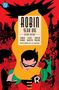 "ROBIN YEAR ONE DELUXE EDITION" in der Mitte. Illustration von Robin in grün-roter Kleidung, Batman-Silhouette oben., Buch