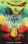 „MARTIAN MANHUNTER IDENTITY“, darüber ein Zitat. Illustration: Grünes Gesicht mit roten Augen, Polizei-Marke., Buch