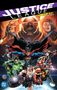 "JUSTICE LEAGUE: THE NEW 52! BOOK FOUR" in einem dynamischen Comic-Stil, zeigt Superhelden im Kampfmodus., Buch