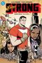 Text: "Tom Strong Omnibus Volume 1" von Alan Moore und Chris Sprouse. Illustration von actionreichen Figuren und einem Stadtbild., Buch