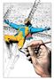 Eine Illustration zeigt eine Figur in einem gelben Anzug mit blauer Jacke auf dem Boden liegend. Eine Hand malt sie aus., Buch