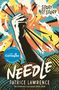 Text: "Sorry, not sorry", "Needle", "Patrice Lawrence". Illustration: Eine Hand hält Stricknadeln vor einem bunten Hintergrund.