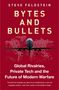 "Bytes and Bullets" von Steve Feldstein. Drohne fliegt vor digitaler Weltkarte auf rotem Hintergrund.