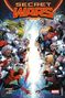 "Secret Wars" in roter Schrift. Comic-Helden stehen sich gegenüber, linke Hälfte: Helden links, rechte Hälfte: Helden rechts., Buch