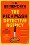 Text: J.D. Brinkworth, The Pie & Mash Detective Agency. Zwei Detektive in der Ausbildung, ein mysteriöser Fall. Illustration: Ein Messer steckt in einem Pie. Rezensionen von Janice Hallett, Ian Moore, Jonathan Ross. Unten rechts ein Pinguin-Logo.