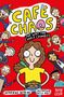 „CAFE CHAOS: THE WAY THE COOKIE CRUMBLES“. Bunte Illustration von fröhlichen Menschen auf rotem Hintergrund., Buch