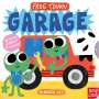 Bunte Illustration: "Frog Town Garage" in großen Buchstaben, zwei fröhliche grüne Frösche mit Schleifen vor einem roten Auto., Buch