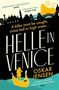 Oben Texte: "DELIGHTFULLY MISCHIEVOUS" und "DEVILISHLY FUN". Titel: "HELLE IN VENICE". Unten: Silhouette einer Gondel., Buch