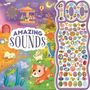 „Amazing Sounds“ und „100“ in buntem Design. Illustrationen mit Tieren, einem Karussell, Luftballon und Feuerwerk., Buch