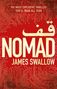 "The most explosive thriller you'll read all year. Nomad. James Swallow." Roter Hintergrund mit Schaltkreismuster.