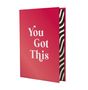 Text „You Got This“. Roter Ordner mit stilvollem Schriftzug und schwarz-weißen Zickzackmustern innen.