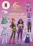 „Unicorn Academy“ Logo, darunter „Dress-Up Sticker Activity Book“. Zwei Figuren in modischer Kleidung, umgeben von Outfits.