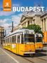 „MINI BUDAPEST“, „ROUGH GUIDES“, „Free eBook“. Gelbe Straßenbahn vor historischem Gebäude. Klarer Himmel.