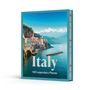 „Italy - 100 Legendary Places“. Ein Buchcover mit einer Küstenlandschaft: bunte Häuser auf Klippen am Meer.