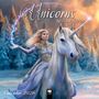 „Unicorns by Anne Stokes, Calendar 2026“. Eine Frau reitet ein Einhorn in einer frostigen Waldszene. Magische Atmosphäre.