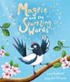 „Magpie and the Sparkling Words“. Illustration: Elster auf einem Ast, umgeben von Blättern und rosa Blüten., Buch