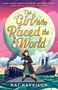 „The Girl Who Raced the World“ von Nat Harrison. Illustration: Mädchen vor Zug und Schiff, großer Vollmond im Hintergrund., Buch