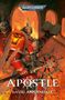 "Warhammer 40,000" oben, "Apostle" unten, "David Annandale". Ritterartige Figur in Rüstung mit Buch, Flammen und Schädel.
